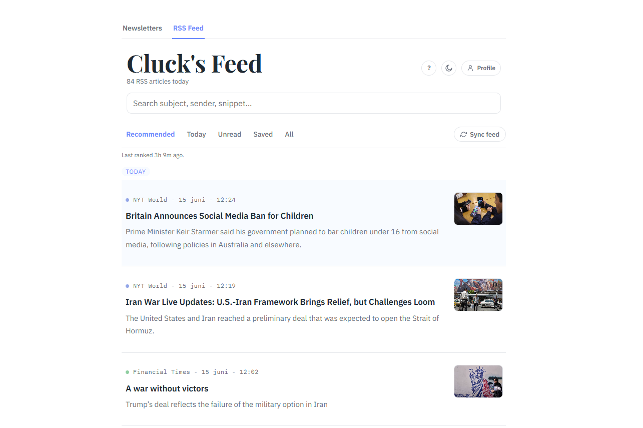 Cluck's Feed inbox view
